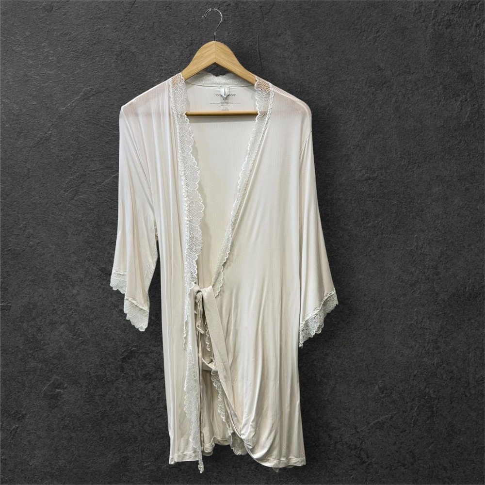Tommy John Womens Ribbed Lace Trim Wrap Robe Ivory White Large